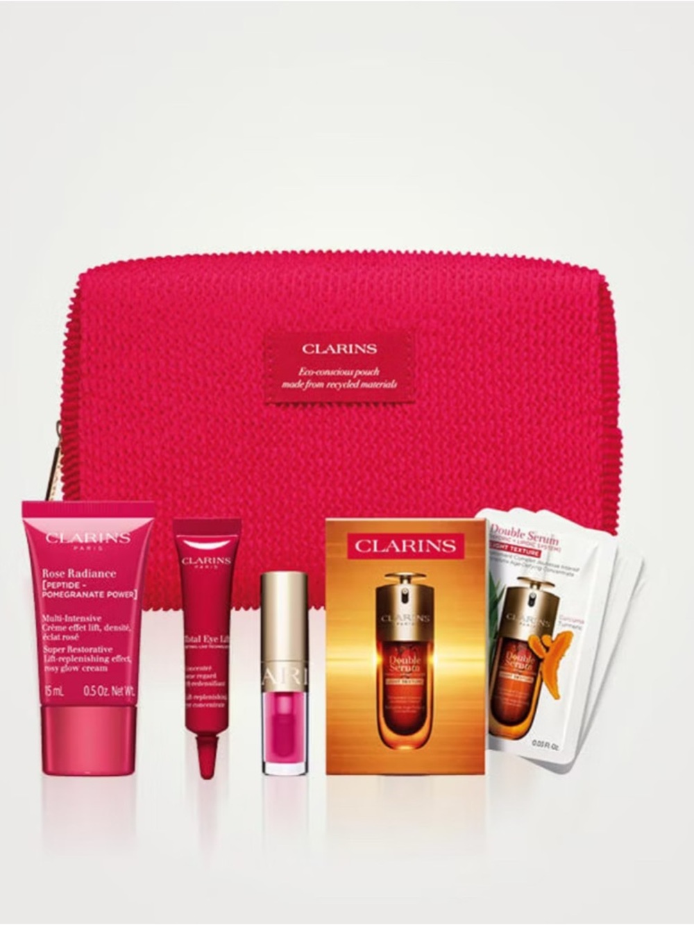 Clarins 5pc Skincare Gift Set w Face cream,Eye,Lip, Serum New
In Pouch GWP
